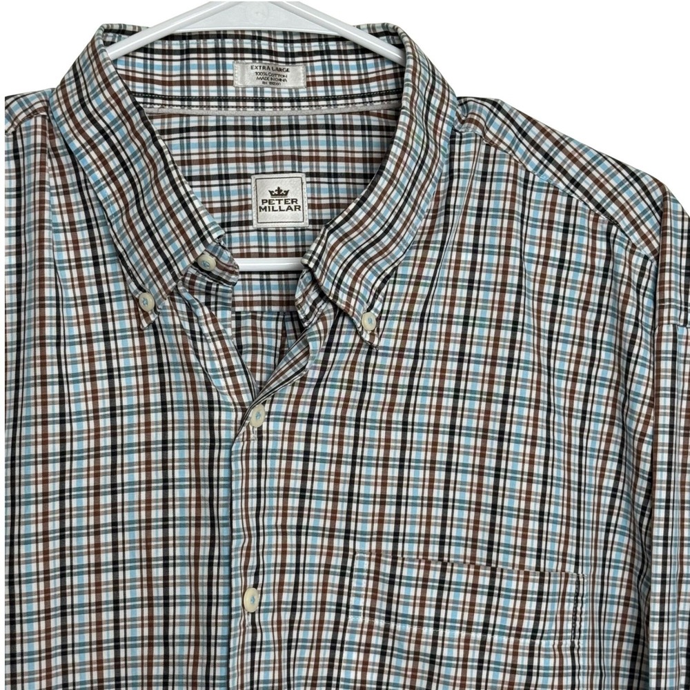 Peter Millar Blue Brown‎ XLarge Plaid Long Sleeve Button Down Shirt 100% Cotton